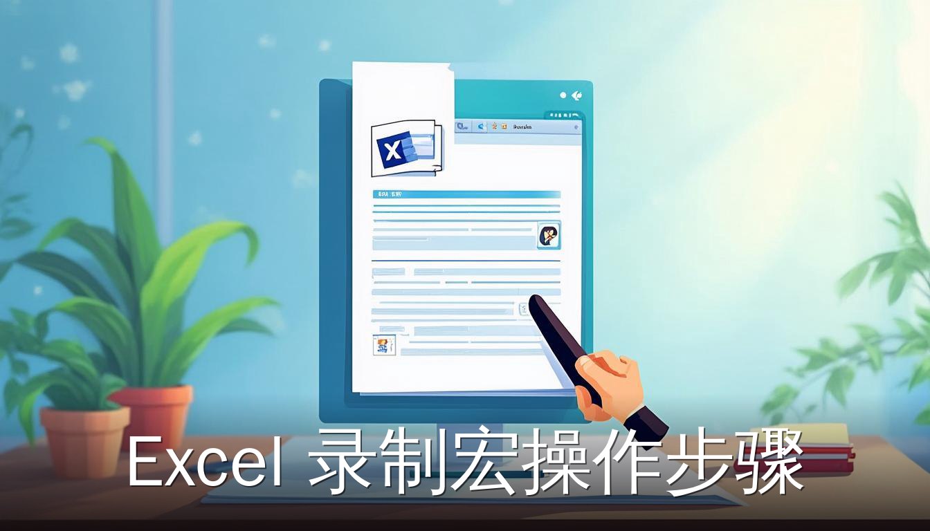 Excel录制宏功能界面，开发工具选项卡和录制按钮图标，扁平插画
