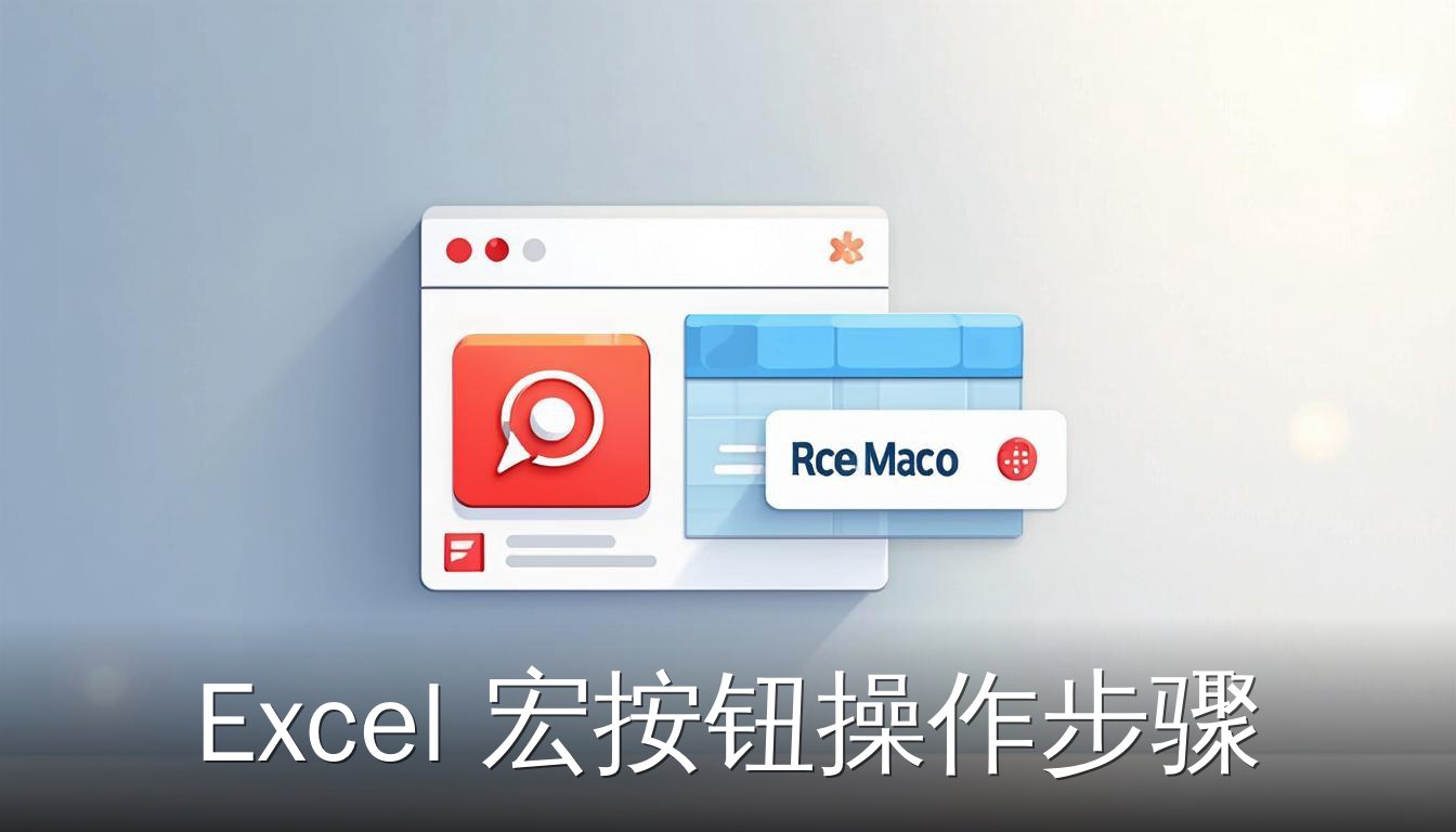 Excel宏按钮界面，包含录制宏对话框和红色圆点图标